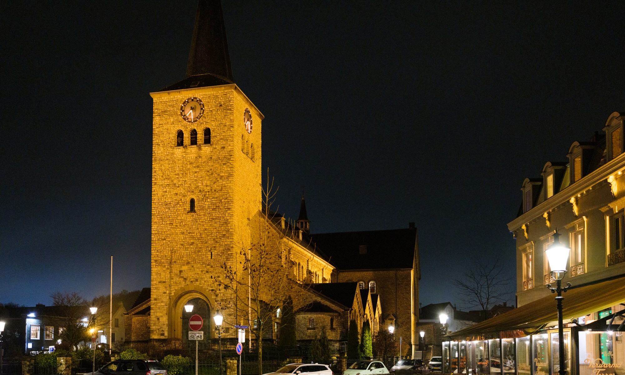 Church Tower and Terrace overflooded in Yellow Orange Light
