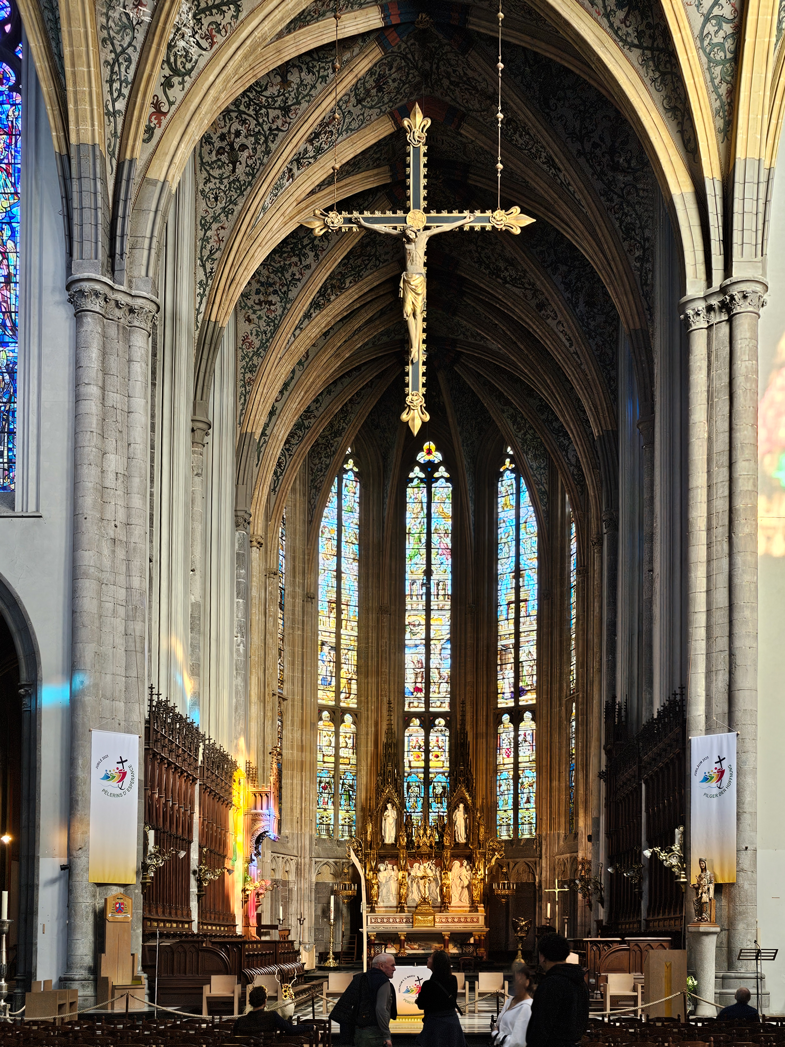 Altar and Choir of Cathedral of Liège. The Sun is shining through one Window in the Cathedral of Liège: the Sunlight is visible as Eye of God on the Choir.